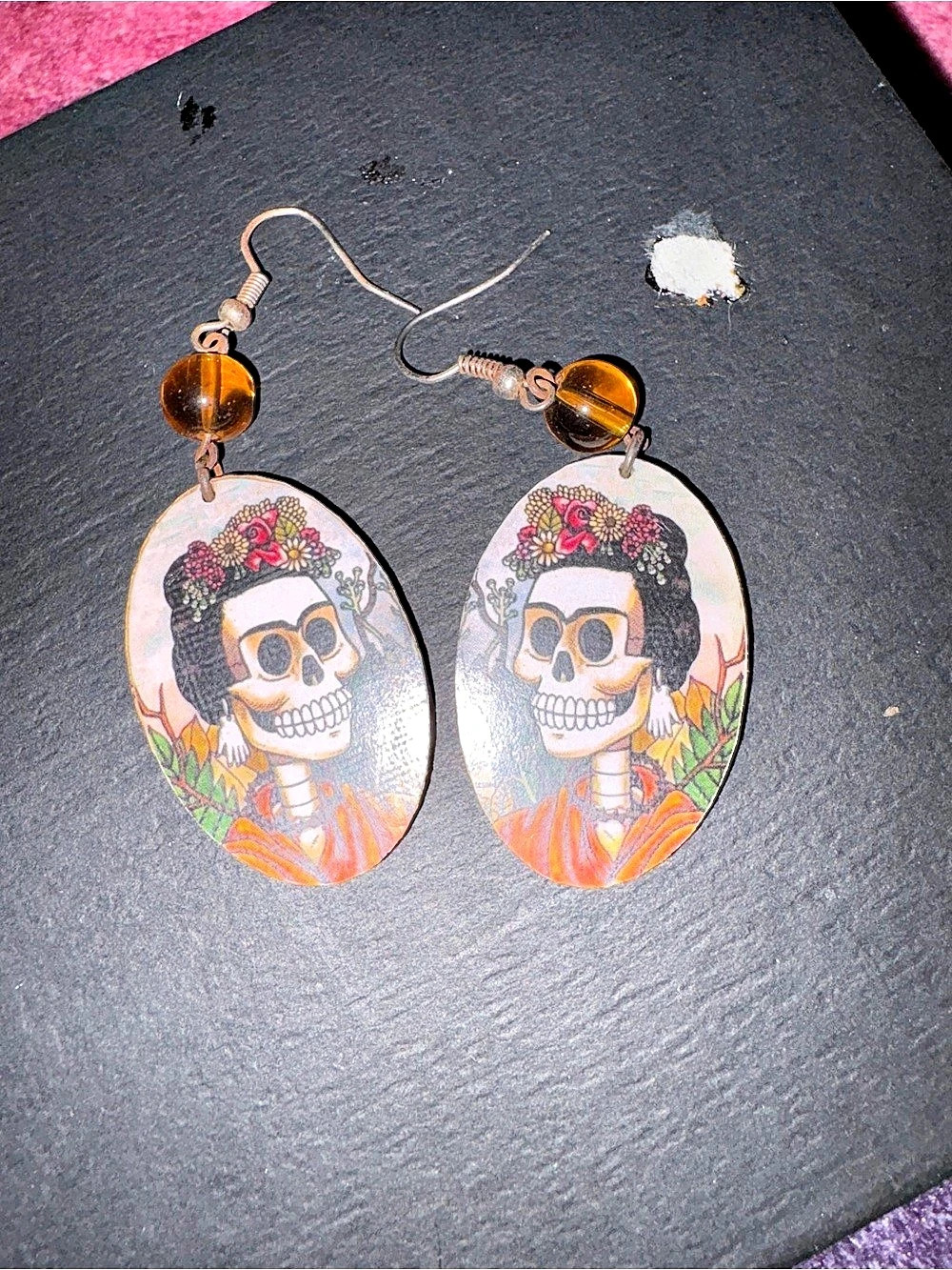 Orange & Multicolor Sugar Skull Frida Kahlo Earrings